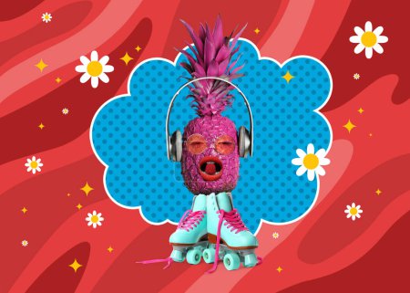 Foto de Hype, arte creativo. Piña rosa con auriculares y patines comiendo dulces - Imagen libre de derechos