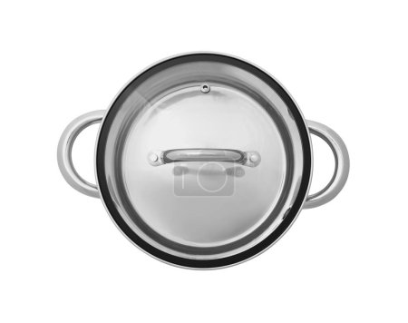 Photo for One steel pot with glass lid isolated on white, top view - Royalty Free Image
