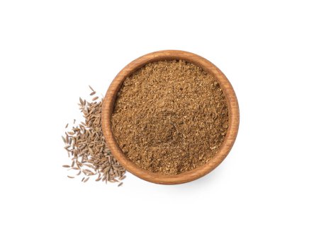 Aromatic caraway (Persian cumin) seeds and bowl of powder isolated on white, top view