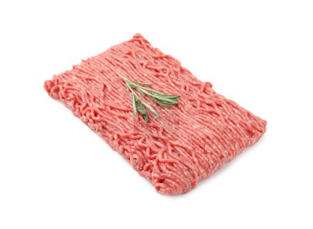 Fresh raw ground meat and rosemary isolated on white