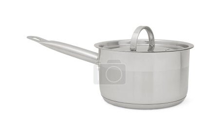 Photo for One steel saucepan with strainer lid isolated on white - Royalty Free Image