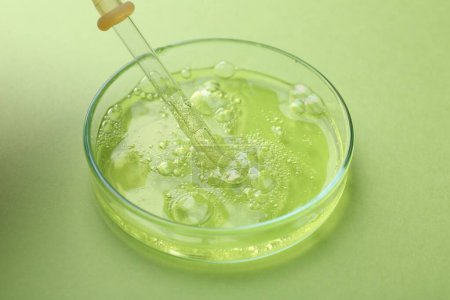 Foto de Placa Petri con muestra líquida y pipeta sobre fondo verde, primer plano - Imagen libre de derechos
