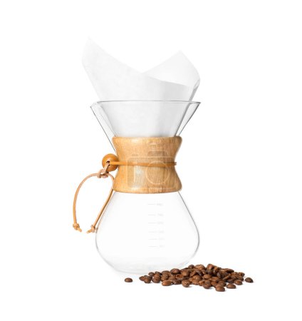 Glass chemex coffeemaker with paper coffee filter and beans isolated on white