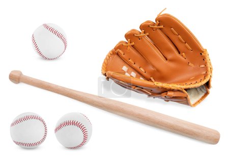 Téléchargez les photos : Bâton de baseball en bois, balles et lanceur isolé sur blanc - en image libre de droit