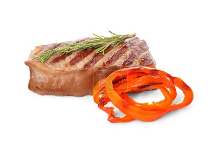 Delicious grilled beef steak with peppers and rosemary isolated on white