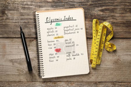 List with products of low, moderate and high glycemic index in notebook, marker and measuring tape on wooden table, flat lay