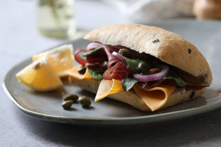 Photo for Delicious sandwich with bresaola, cheese and onion on light grey table, closeup - Royalty Free Image