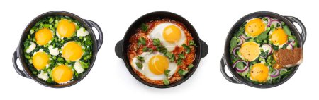 Photo for Delicious shakshuka in frying pans isolated on white, top view - Royalty Free Image