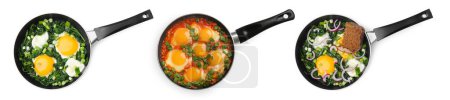 Photo for Delicious shakshuka in frying pans isolated on white, top view - Royalty Free Image