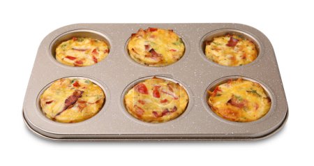 Freshly baked bacon and egg muffins with cheese in tin isolated on white