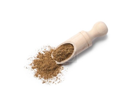 Scoop and aromatic caraway (Persian cumin) powder isolated on white, top view