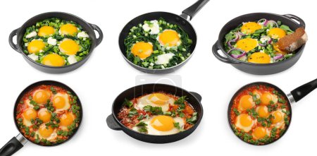 Photo for Delicious shakshuka in frying pans isolated on white, set - Royalty Free Image