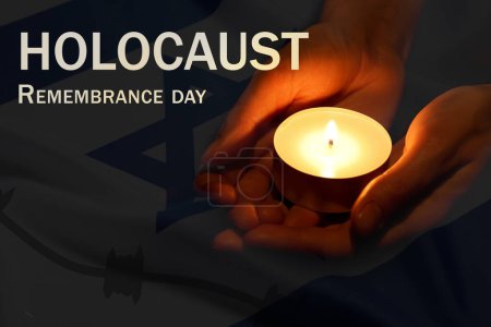 Holocaust-Gedenktag. Frau mit brennender Kerze und Israel-Fahne, Doppelbelichtung