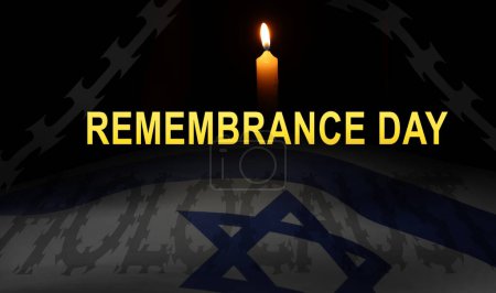 Gedenktag, Banner entwerfen. Brennende Kerze, israelische Flagge und Stacheldraht