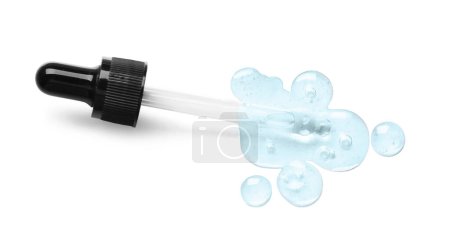 Photo for Dropper with serum on white background, top view. Skin care product - Royalty Free Image