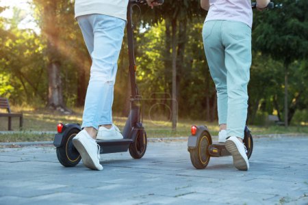 Photo for Couple riding modern electric kick scooters in park, back view - Royalty Free Image