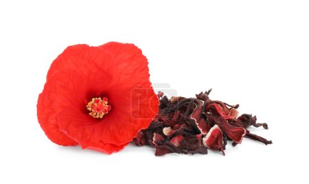 Pile of dry hibiscus tea and beautiful flower isolated on white