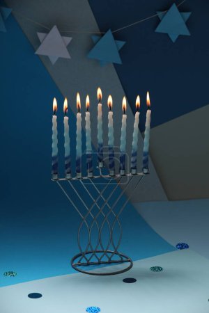 Téléchargez les photos : Hanoukka fête. Menorah avec des bougies brûlantes sur fond de couleur - en image libre de droit