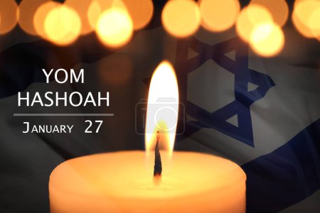 Yom Hashoah, January 27. Burning candle and flag of Israel, double exposure