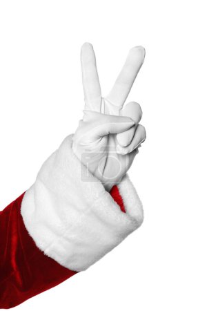 Frohe Weihnachten. Weihnachtsmann mit V-Zeichen auf weißem Hintergrund, Nahaufnahme