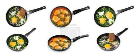 Photo for Delicious shakshuka in frying pans isolated on white, set with top and side views - Royalty Free Image