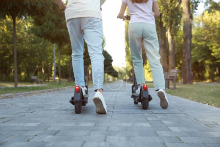 Photo for Couple riding modern electric kick scooters in park, back view - Royalty Free Image
