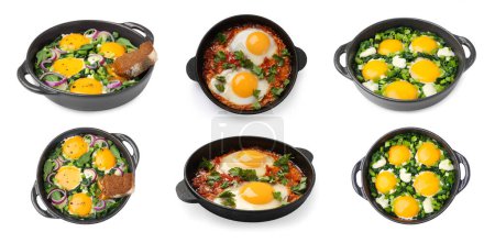Photo for Delicious shakshuka in frying pans isolated on white, set with top and side views - Royalty Free Image