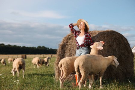 Mujer sonriente y ovejas cerca de la paca de heno en la granja de animales. Espacio para texto
