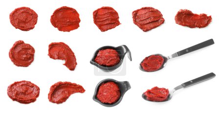Photo for Tasty tomato paste on white background, set with top and side views - Royalty Free Image