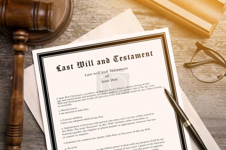 Last Will and Testament, pen, gavel and glasses on wooden table, flat lay