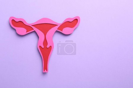 Medicina reproductiva. Utero de papel sobre fondo violeta, vista superior con espacio para texto