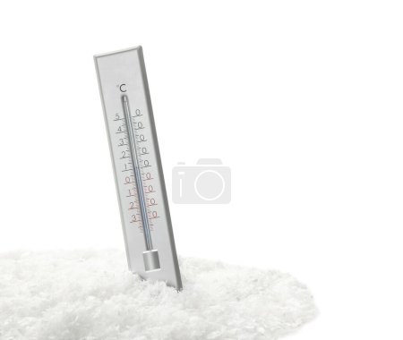 Photo for Weather thermometer in snow against white background - Royalty Free Image