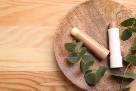 Photo for Lip balms and branches on wooden background, top view. Space for text - Royalty Free Image