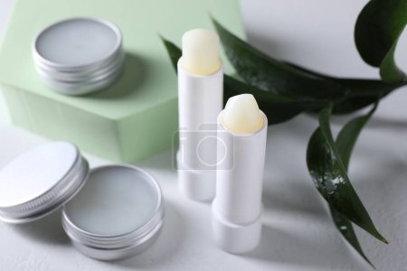 Different lip balms and leaves on white background, closeup