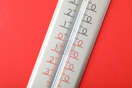 Photo for Modern weather thermometer on red background, closeup - Royalty Free Image