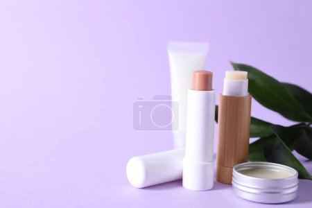 Photo for Different lip balms and leaves on lilac background, closeup. Space for text - Royalty Free Image
