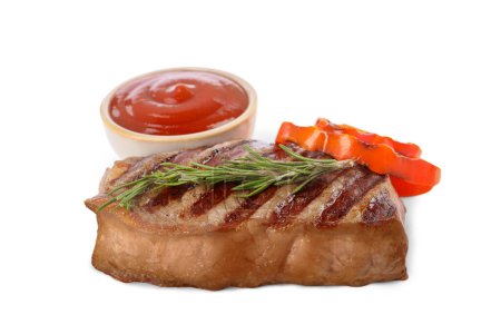 Delicious grilled beef steak with spices and tomato sauce isolated on white