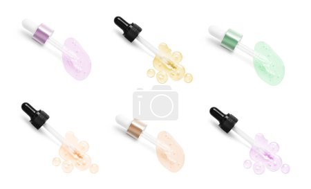 Droppers with serum on white background, top view. Skin care product