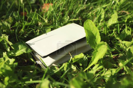 White leather purse on green grass outdoors, closeup. Lost and found