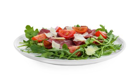 Photo for Delicious bresaola salad with parmesan cheese isolated on white - Royalty Free Image