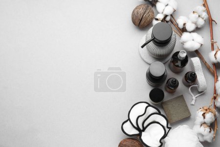Photo for Bath accessories. Flat lay composition with personal care products on light grey background, space for text - Royalty Free Image