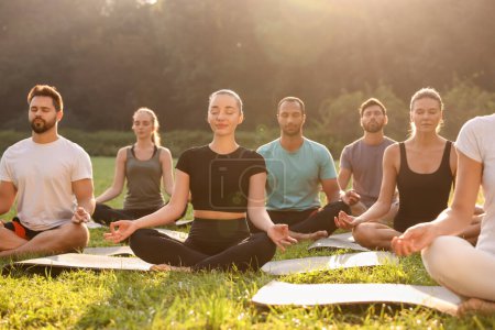 Téléchargez les photos : Groupe de personnes pratiquant le yoga dans le parc par une journée ensoleillée. Pose de lotus - en image libre de droit