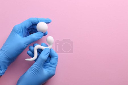 Foto de Medicina reproductiva. Fertilidad especialista en guantes con figuras de espermatozoides y óvulos sobre fondo rosa, vista superior con espacio para texto - Imagen libre de derechos