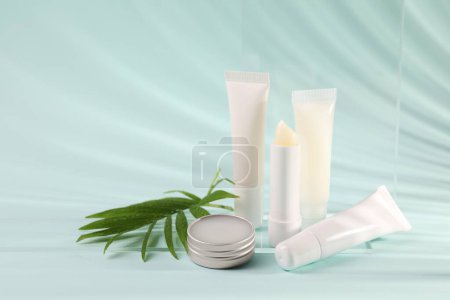 Photo for Different lip balms and palm leaf on light blue background - Royalty Free Image