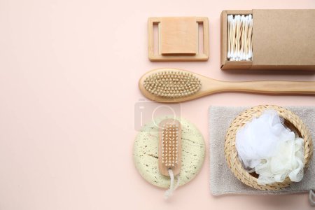 Photo for Bath accessories. Flat lay composition with personal care products on pink background, space for text - Royalty Free Image