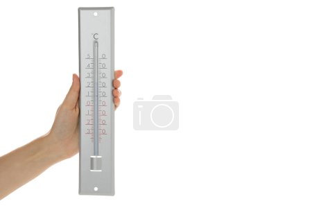 Photo for Woman holding weather thermometer on white background, closeup - Royalty Free Image