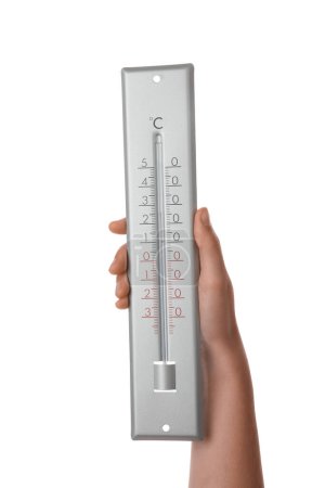 Photo for Woman holding weather thermometer on white background, closeup - Royalty Free Image