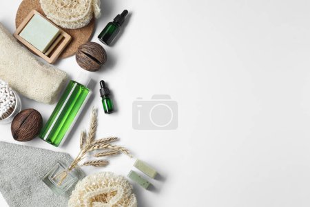 Photo for Bath accessories. Flat lay composition with personal care products on white background, space for text - Royalty Free Image