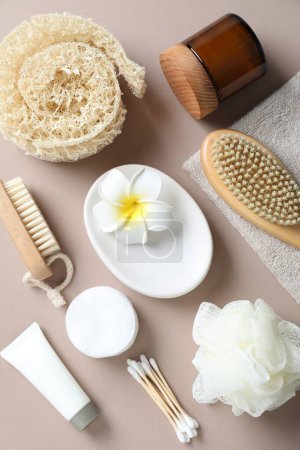 Photo for Bath accessories. Flat lay composition with personal care products on beige background - Royalty Free Image