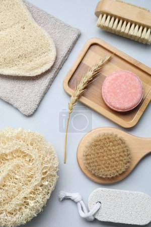 Photo for Bath accessories. Flat lay composition with personal care products on white background - Royalty Free Image